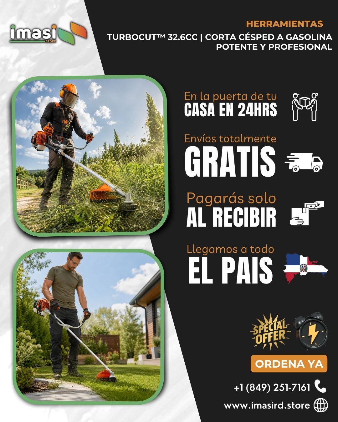 TurboCut™ con motor de 32.6cc | Corta Césped a Gasolina Potente y Profesional, Facil de Usar!