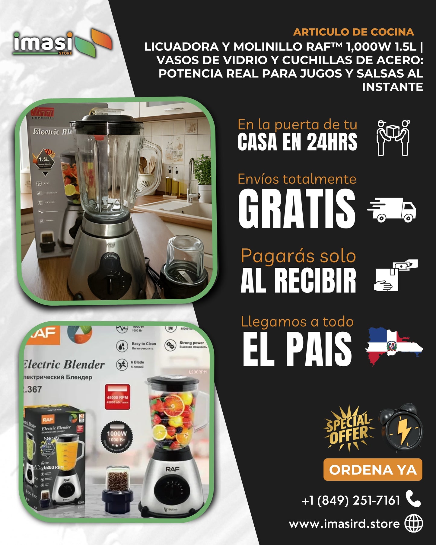 Licuadora y Molinillo RAF™ 4500RPM 1.5L – Vasos de Vidrio y Cuchillas de Acero: potencia real para jugos y salsas al instante