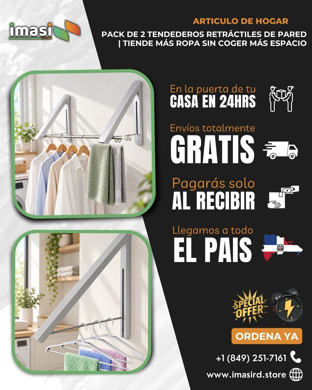 Pack de 2 Tendederos Retráctiles de Pared | Tiende Más Ropa Sin Coger Más Espacio - El Espacio que te Faltaba en Casa