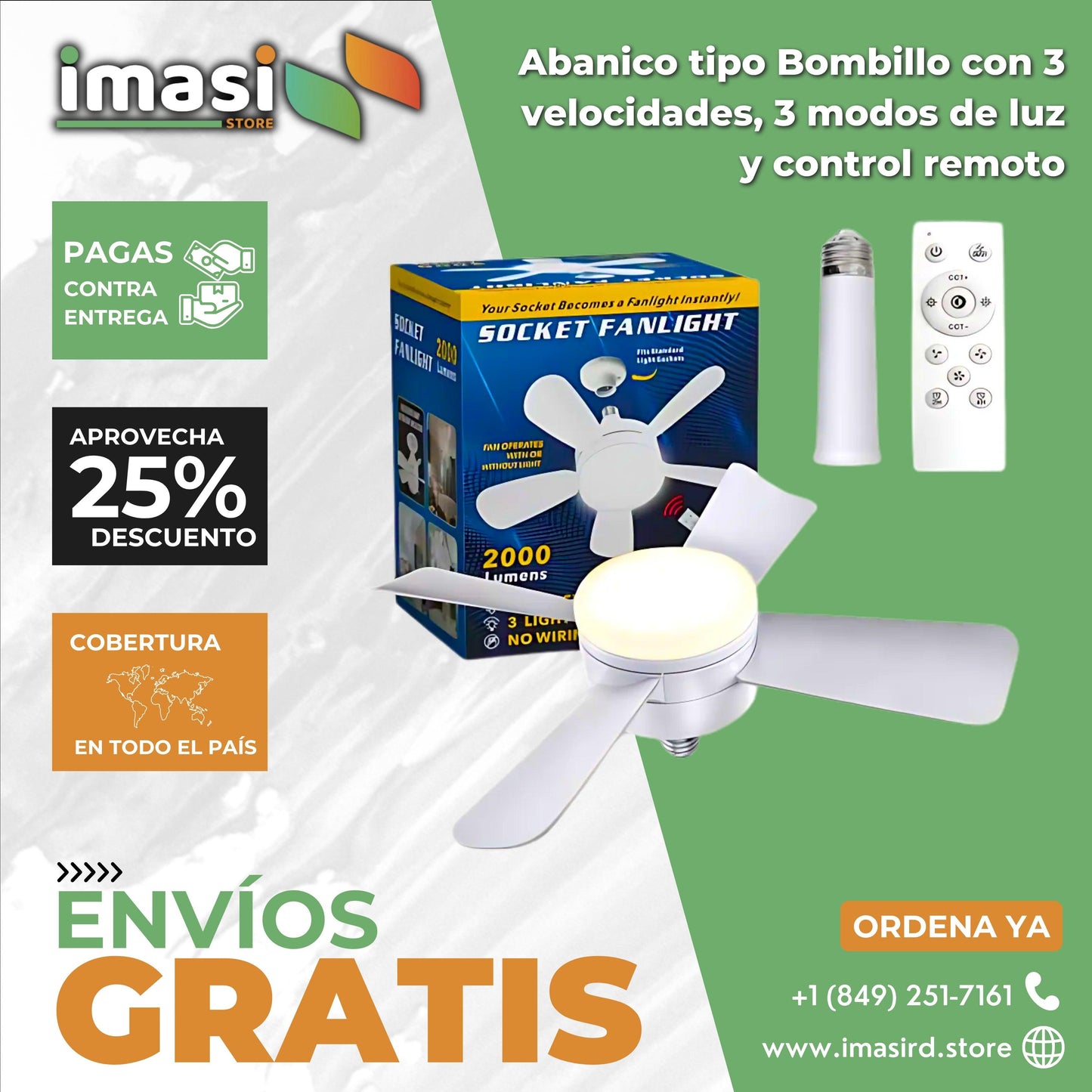 Abanico tipo Bombillo 2,000 lumenes de 3 velocidades, 3 modos de luz y Control Remoto - IMASI RD STORE