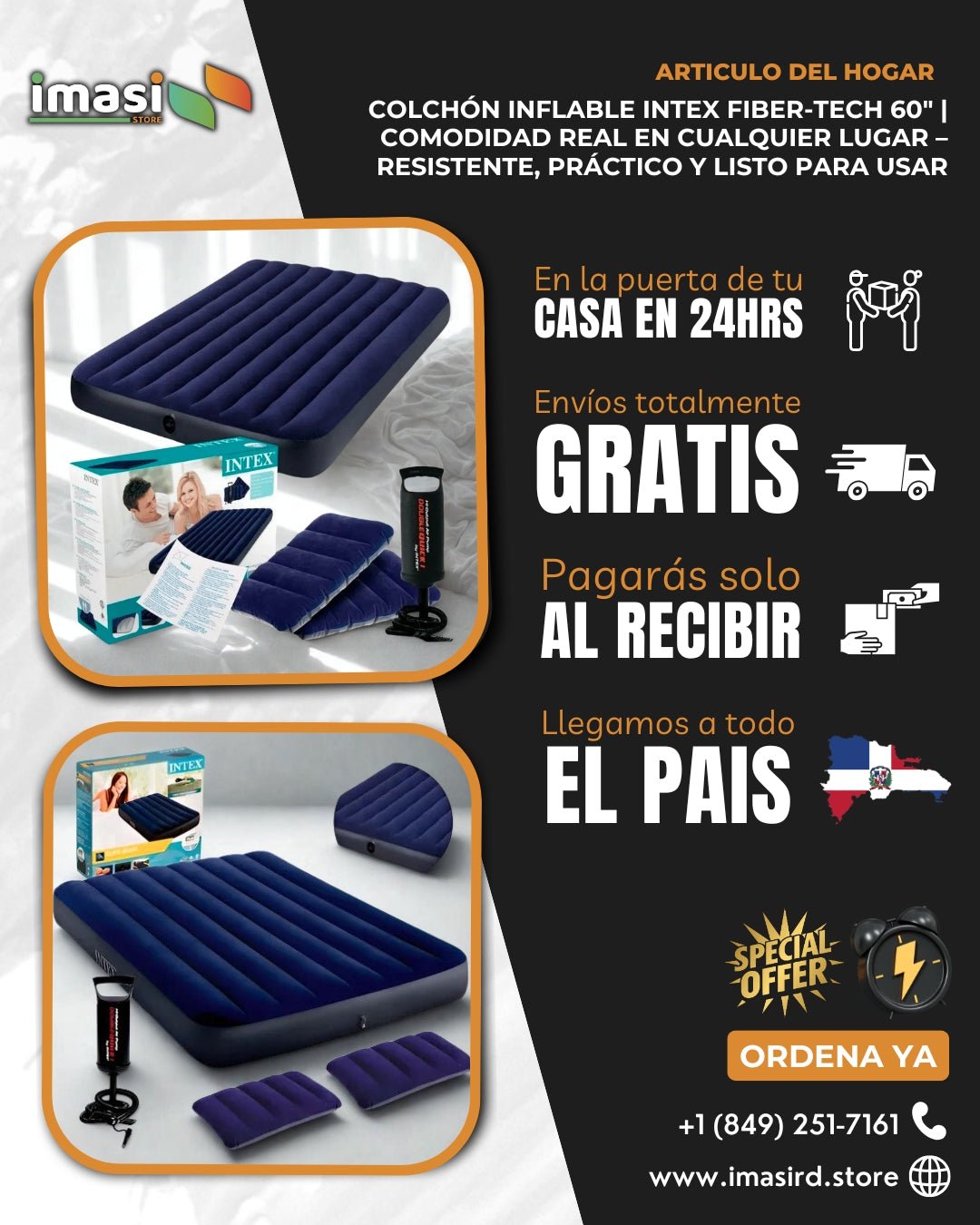 Colchón Inflable IntexFiber - Tech 60" | Incluye 2 Almohadas y Bombita para Inflar | Resistente, práctico y listo para usar - IMASI RD STORE