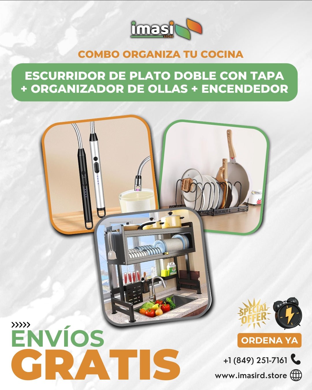COMBO COCINA: Escurridor de platos doble con tapa + Organizador de ollas y tapas + Encendedor eléctrico recargable KitchenLife™ | “Ahorra espacio, gana higiene y enciende sin fósforos” - IMASI RD STORE