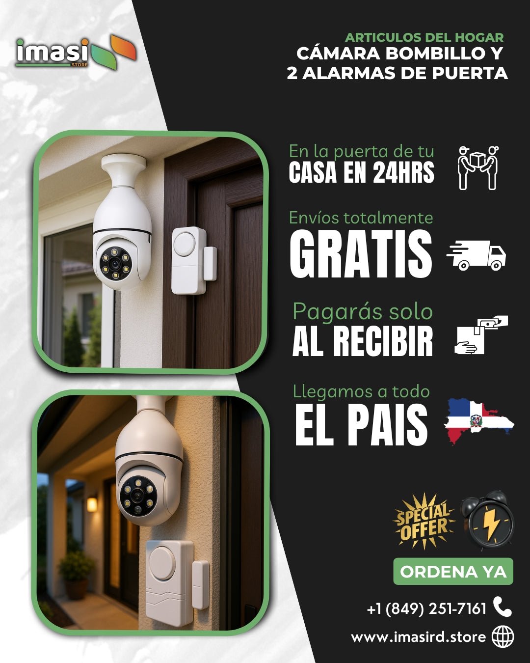 Combo Seguridad 360° | Cámara Bombillo WiFi + 2 Alarmas de Puerta 🛡️📲 - IMASI RD STORE