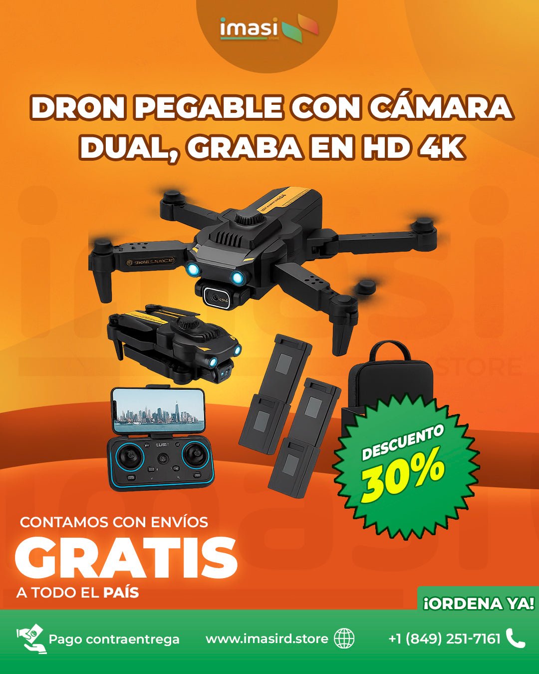 Dron pegable con lente Cámara Dual Ultra HD 4K, Wifi, Estabilizador de Vuelo y transmisión en tiempo real AirVision™ | ¡Graba en 4K desde el cielo! Dron Plegable con Cámara Dual y WiFi - IMASI RD STORE