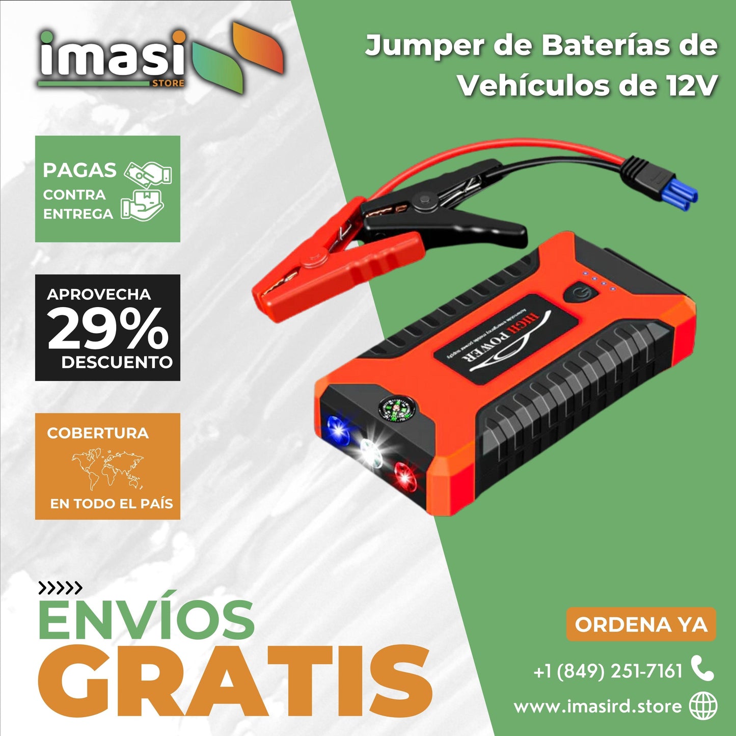 Jumpeador de Baterías de Vehículos Pórtatil y Cargador de Teléfonos | 12V, linterna y USB - IMASI RD STORE