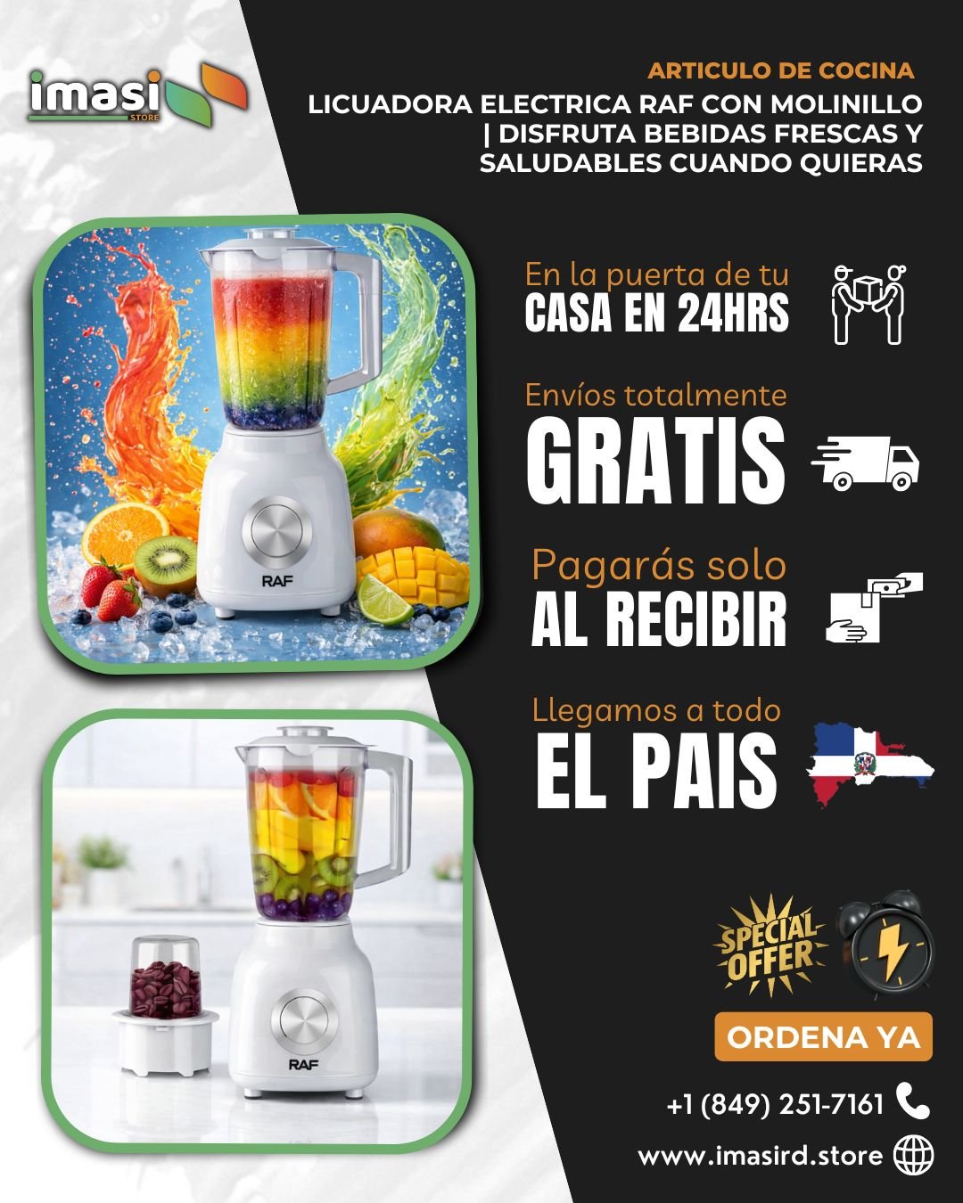 Licuadora Electrica RAF Blanca con Molinillo | Disfruta bebidas frescas y saludables cuando quieras - IMASI RD STORE