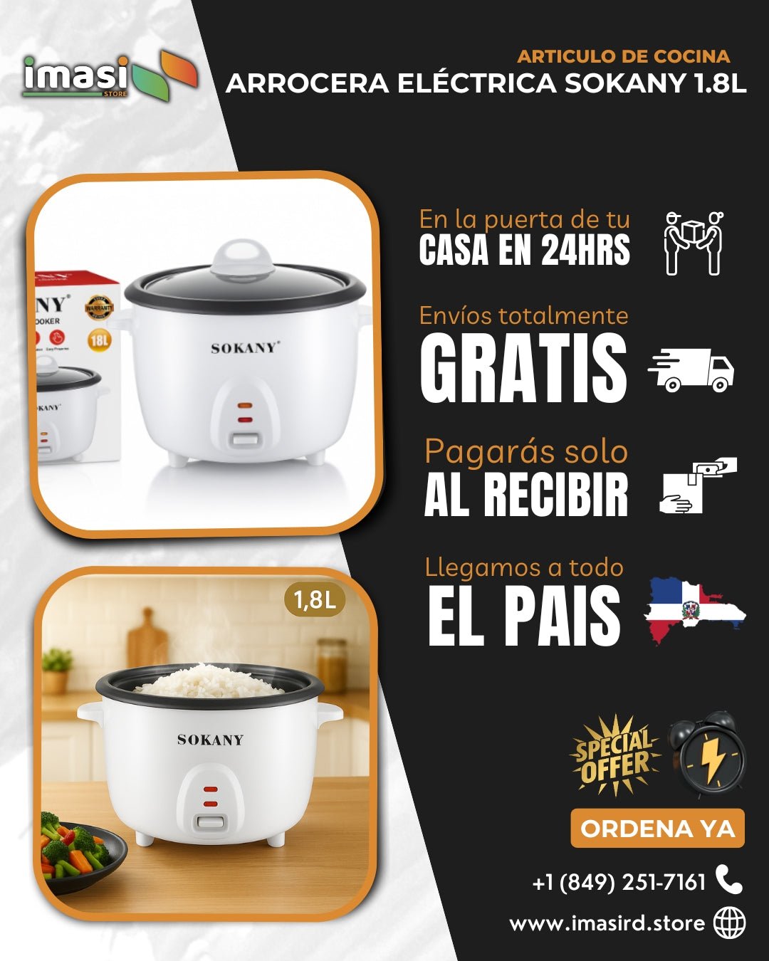 Olla Arrocera Eléctrica Sokany™ 1.8L | Cocina Arroz Perfecto en Minutos, Manténlo Caliente Automáticamente y Disfruta Practicidad en tu Hogar - IMASI RD STORE