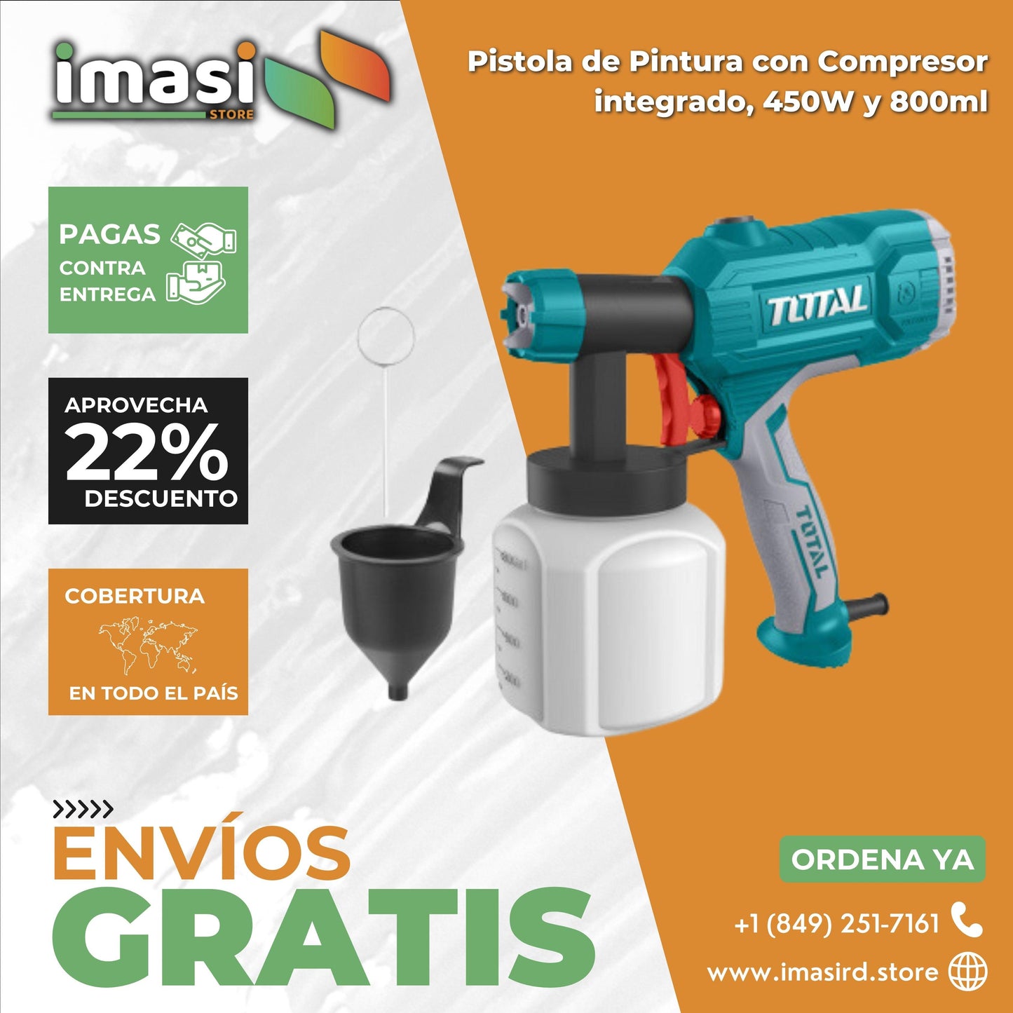 Pistola de Pintura TOTAL™ con Compresor integrado de 450W y 800ml - IMASI RD STORE
