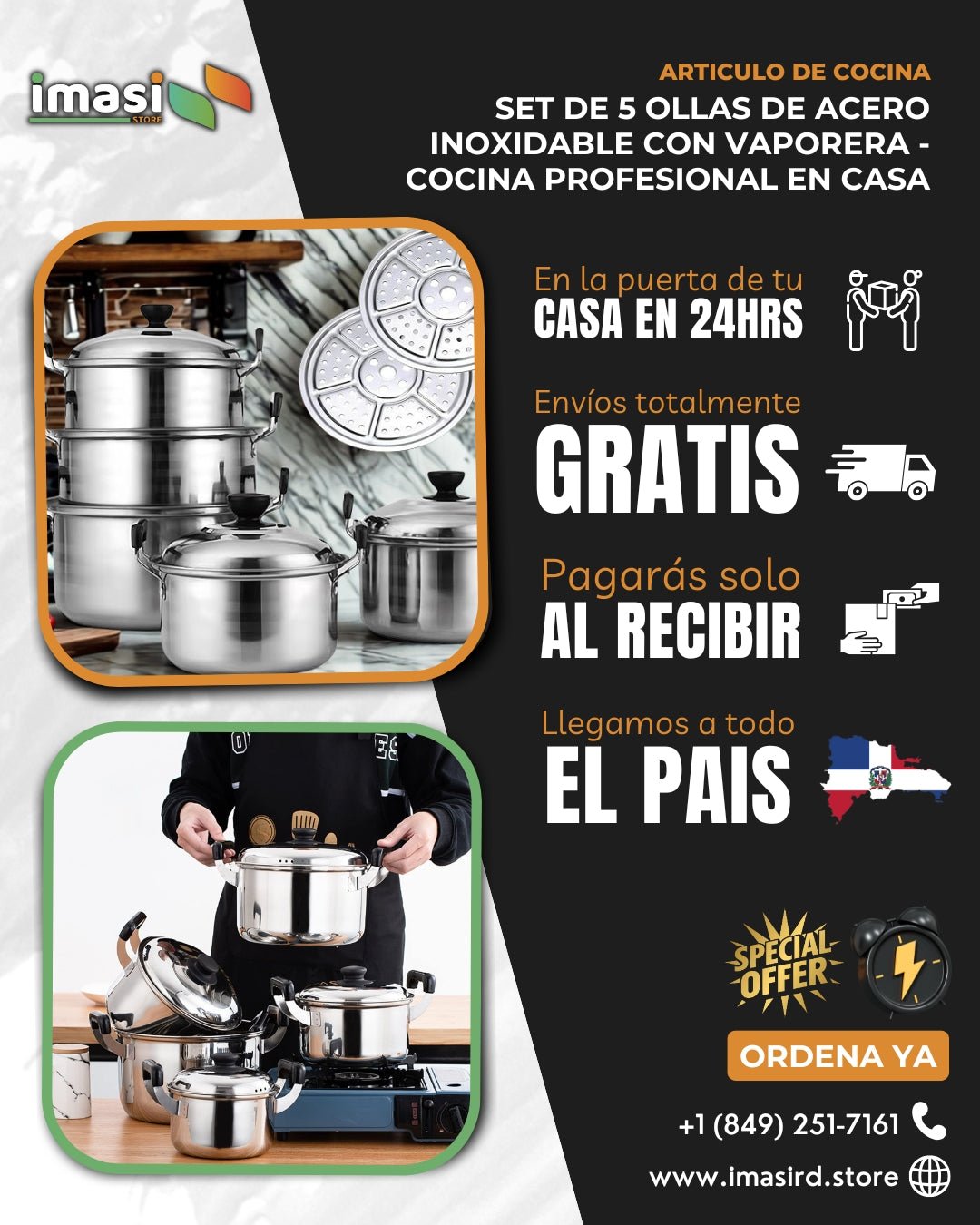 Set de 5 Ollas de Acero Inoxidable con Vaporera | Cocina Profesional en Casa - IMASI RD STORE
