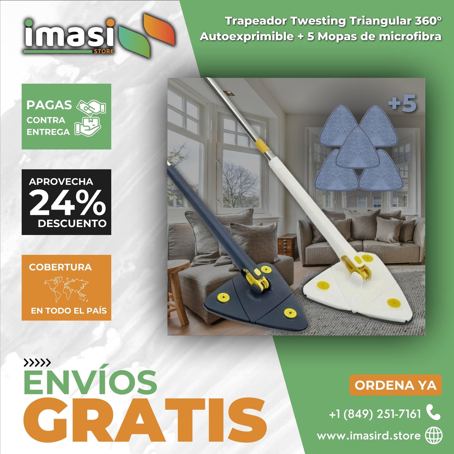 Trapeador Twesting Triangular 360° Autoexprimible + 5 Mopas de Microfibra