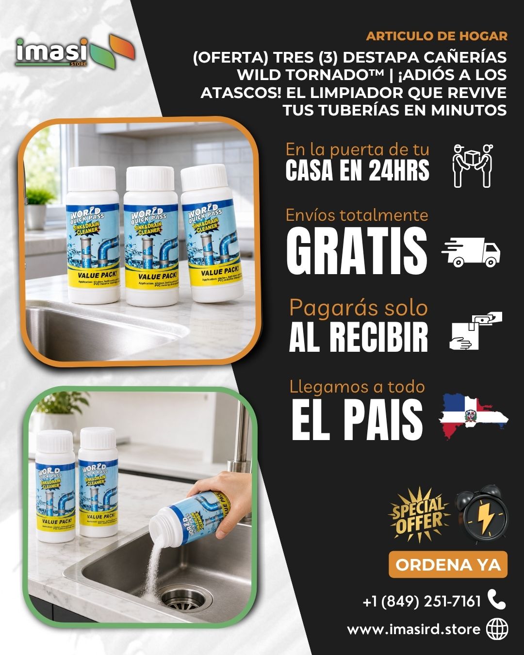 (OFERTA) Tres (3) Destapa Cañerías Wild Tornado™ | ¡Adiós a los atascos! El limpiador que revive tus tuberías en minutos