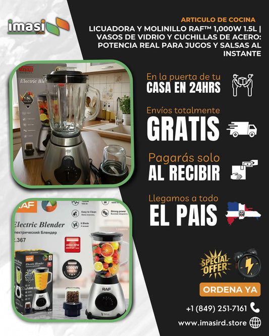 Licuadora y Molinillo RAF™ 1,000W, 45,000RPM 1.5L – Vasos de Vidrio y Cuchillas de Acero: potencia real para jugos y salsas al instante