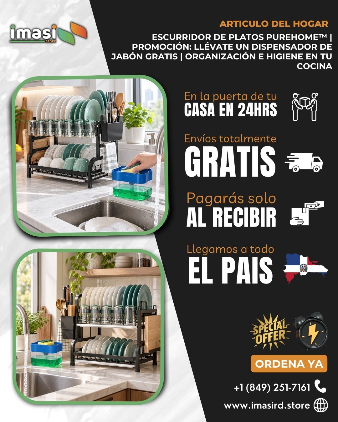Escurridor de Platos PureHome™ | Promoción: Llévate un Dispensador de jabón GRATIS | Organización e Higiene en tu Cocina