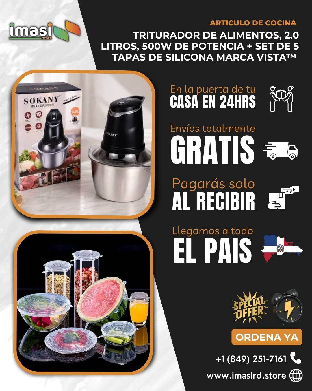 Triturador de Alimentos, 2.0 Litros, 500W de Potencia + Set de 5 Tapas de Silicona Marca Vista™ | ¡No más desperdicios en tu cocina!