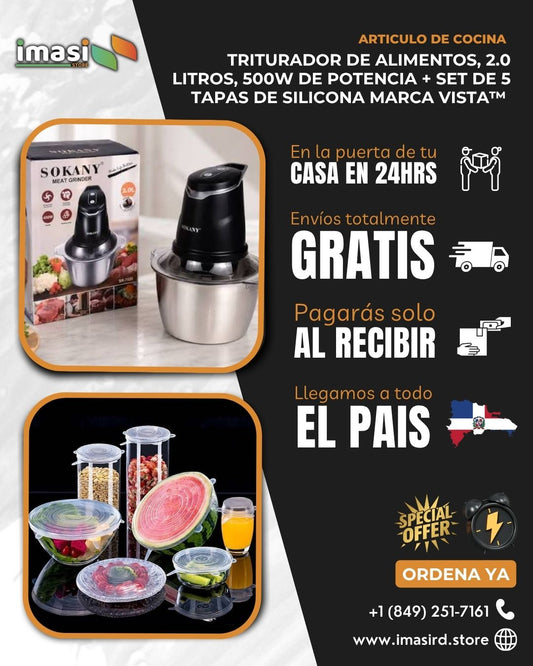 Triturador de Alimentos, 2.0 Litros, 500W de Potencia + Set de 5 Tapas de Silicona Marca Vista™ | ¡No más desperdicios en tu cocina!