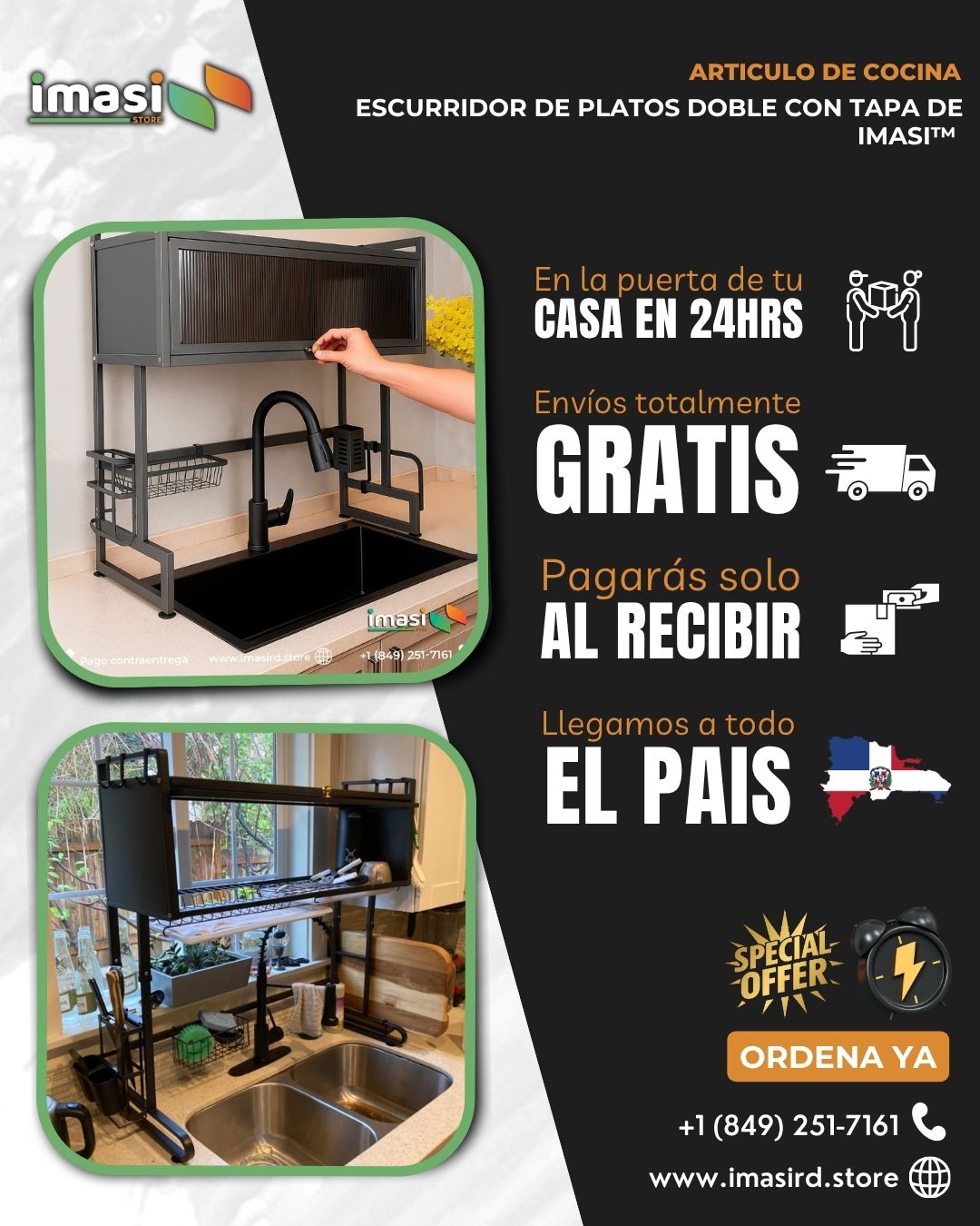 Escurridor de platos doble con tapa de Imasi™ | Uso por 3 años Garantizados | Acero AntiCorrosivo | ¡Tu Cocina más Elegante y limpia que nunca!
