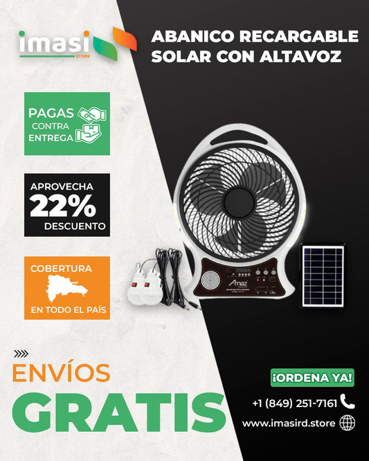 Abanico SolarBreeze™ Recargable con Bocina Bluetooth y 2 bombillos | Dile adiós al calor con este ventilador recargable y portátil - IMASI RD STORE