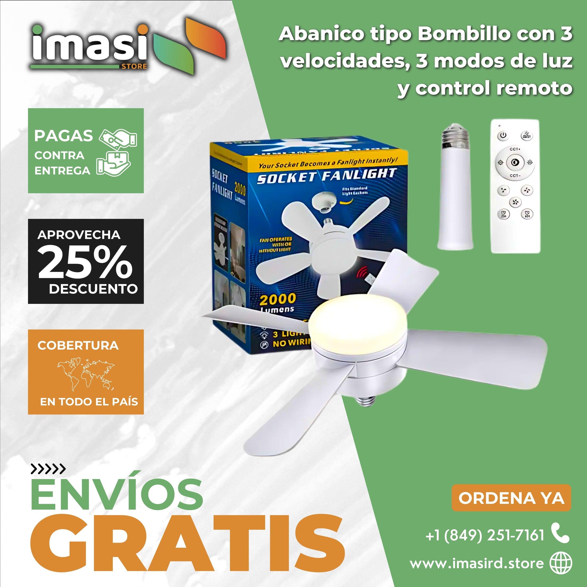 Abanico tipo Bombillo 2,000 lumenes de 3 velocidades, 3 modos de luz y Control Remoto - IMASI RD STORE
