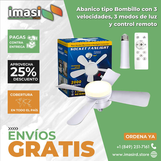 Abanico tipo Bombillo 2,000 lumenes de 3 velocidades, 3 modos de luz y Control Remoto - IMASI RD STORE