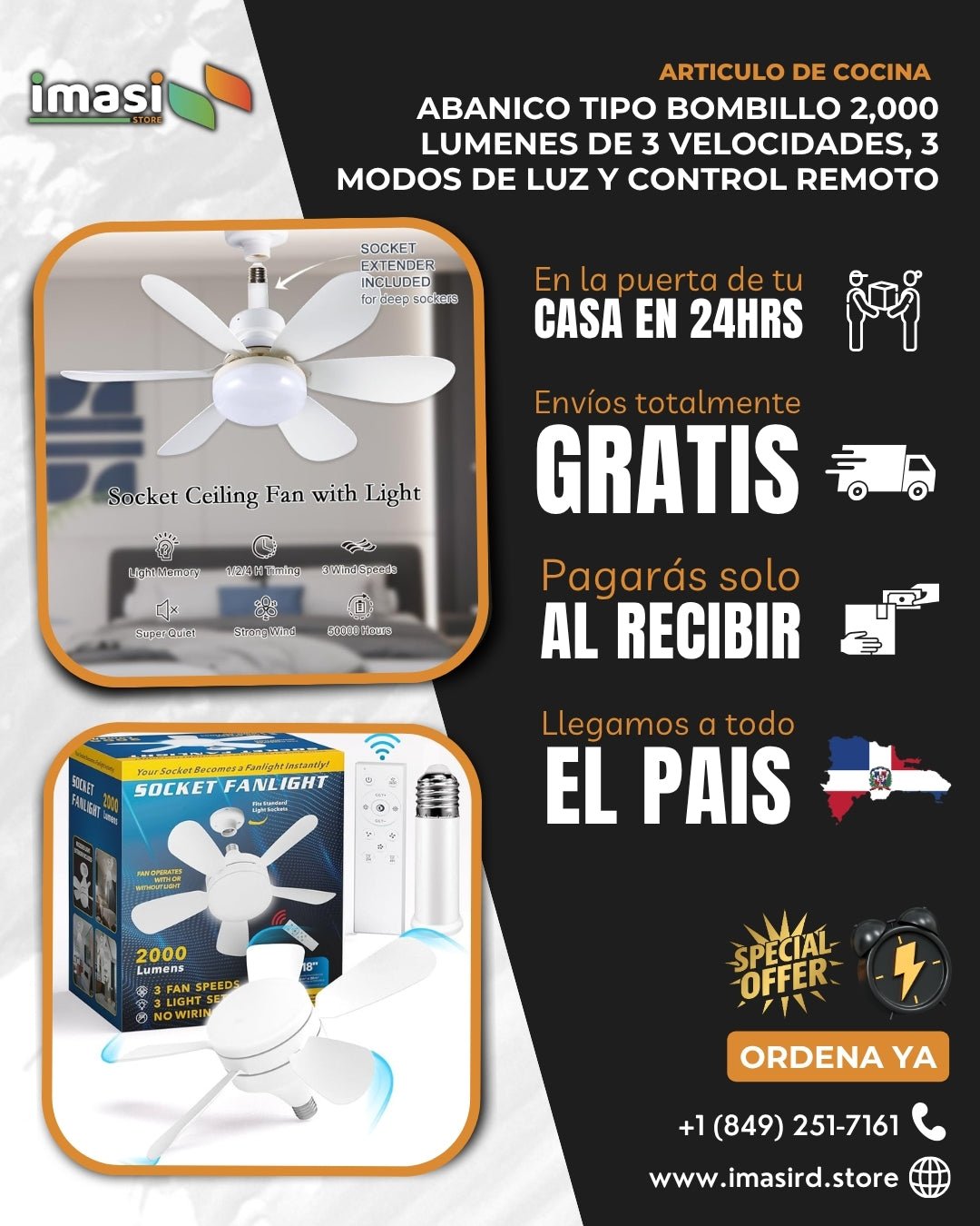 Abanico tipo Bombillo 2,000 lumens de 3 velocidades, 3 modos de luz y Control Remoto - IMASI RD STORE