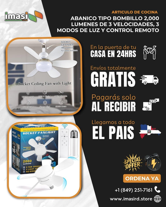 Abanico tipo Bombillo 2,000 lumens de 3 velocidades, 3 modos de luz y Control Remoto - IMASI RD STORE