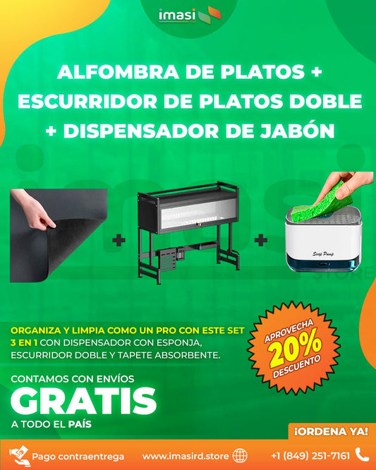 Alfombra de Platos + Escurridor de platos doble + Dispensador de jabón EcoClean™ | Escurre, limpia y protege tus platos ¡todo con un solo combo! - IMASI RD STORE