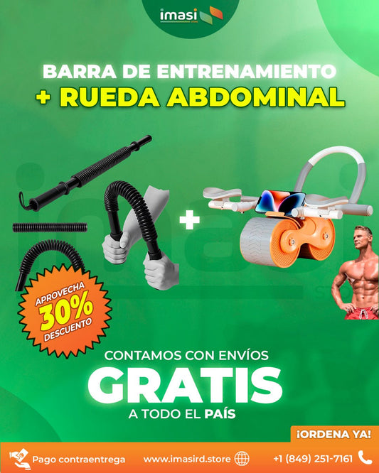 Barra de entrenamiento + Rueda abdominal (COMBO) PowerCore™ | ¡Definición y fuerza en un solo combo! Barra + Rueda Abdominal Antigolpes - IMASI RD STORE