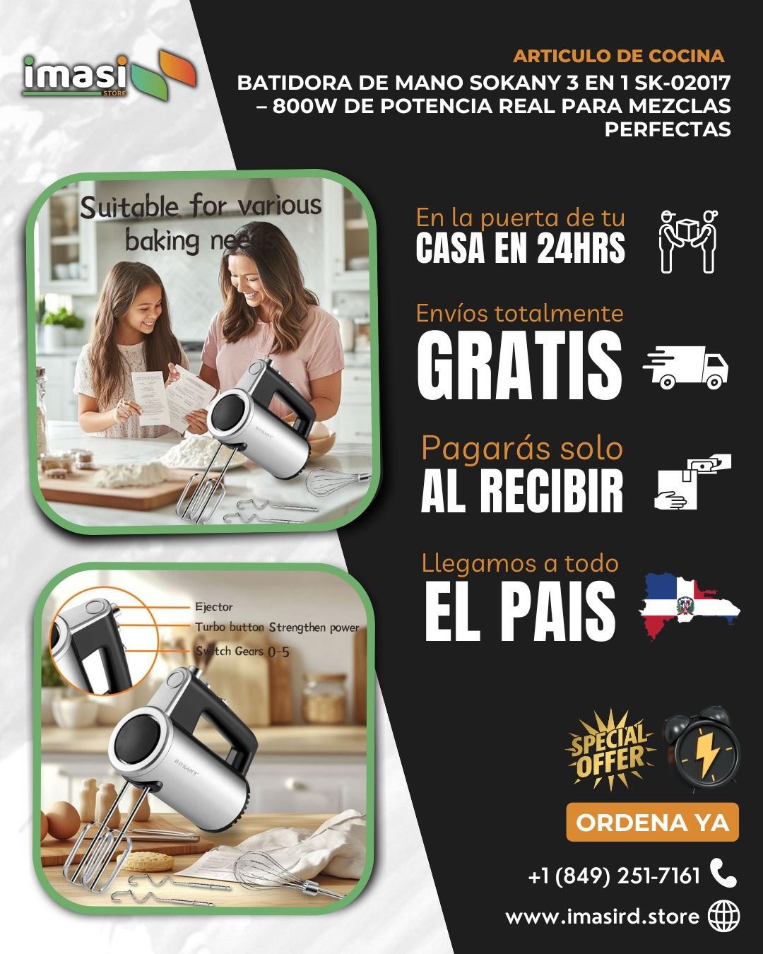Batidora de Mano SOKANY 3 en 1 | 800W de Potencia Real para Mezclas Perfectas - IMASI RD STORE