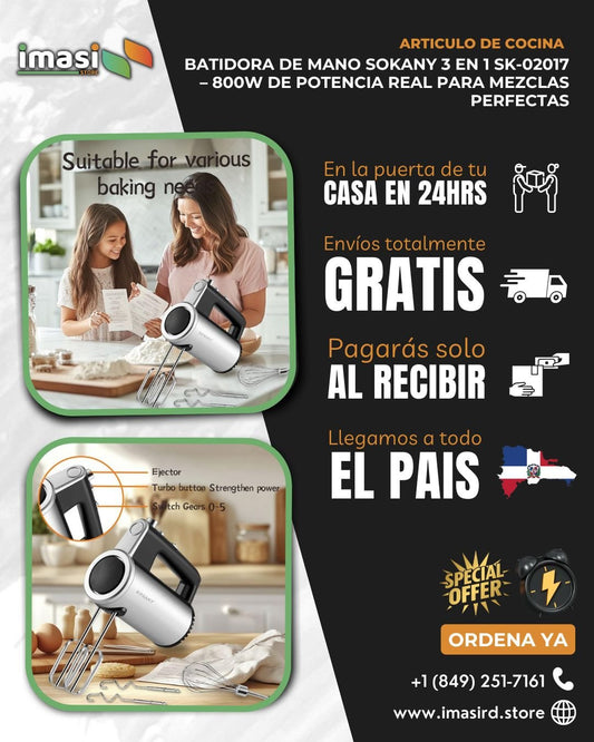 Batidora de Mano SOKANY 3 en 1 | 800W de Potencia Real para Mezclas Perfectas - IMASI RD STORE