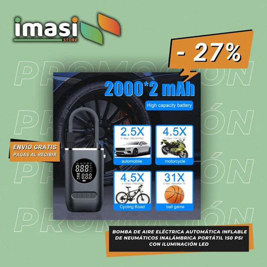 BOMBA DE AIRE ELÉCTRICA AUTOMÁTICA INFLABLE DE NEUMÁTICOS INALÁMBRICA PORTÁTIL 150 PSI CON ILUMINACIÓN LED - IMASI RD STORE