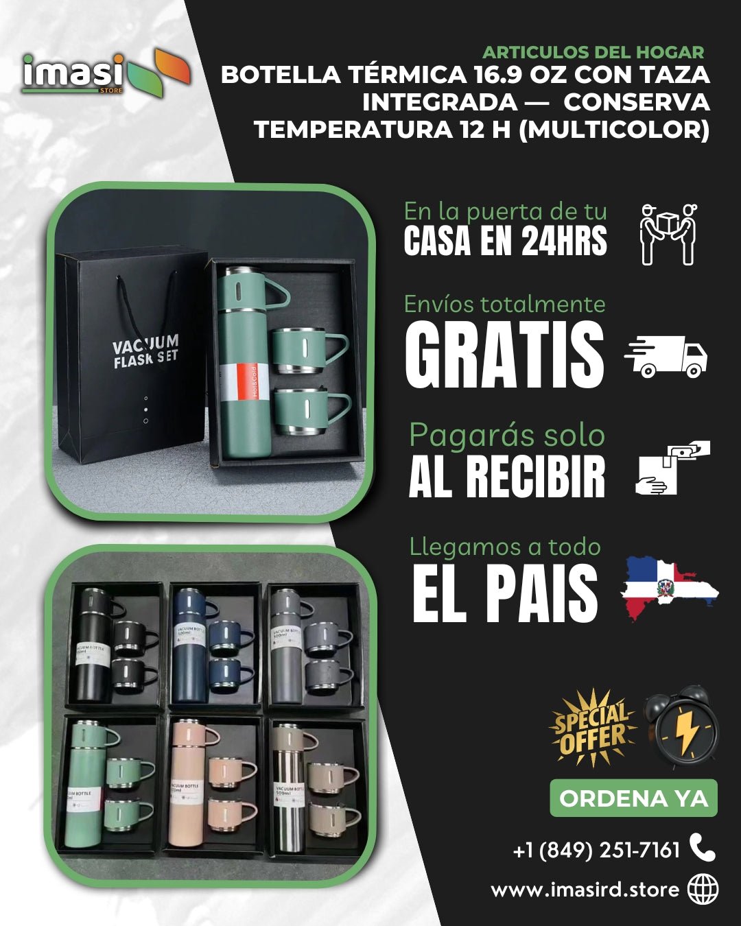 Botella Térmica 16.9 oz con Taza Integrada | Conserva Temperatura 12 h (Multicolor) - IMASI RD STORE