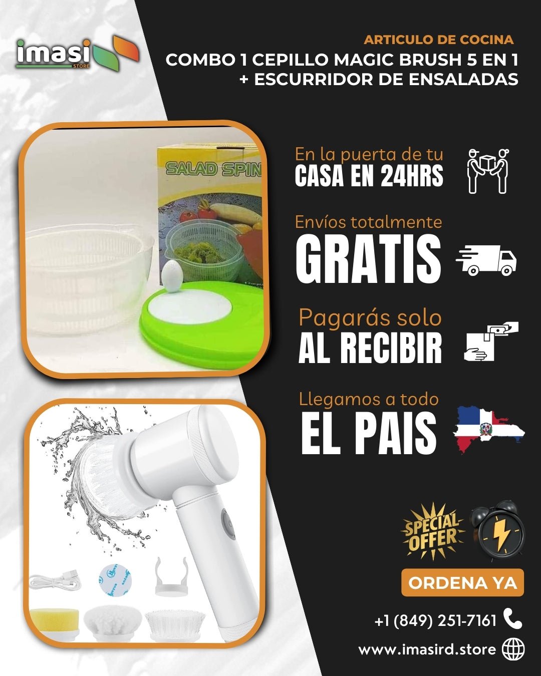 Combo: 1 cepillo Magic Brush 5 en 1 + Escurridor de Ensaladas | Limpia utensilios y prepara ensaladas con un solo combo inteligente. - IMASI RD STORE
