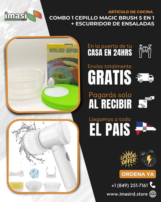 Combo: 1 cepillo Magic Brush 5 en 1 + Escurridor de Ensaladas | Limpia utensilios y prepara ensaladas con un solo combo inteligente. - IMASI RD STORE