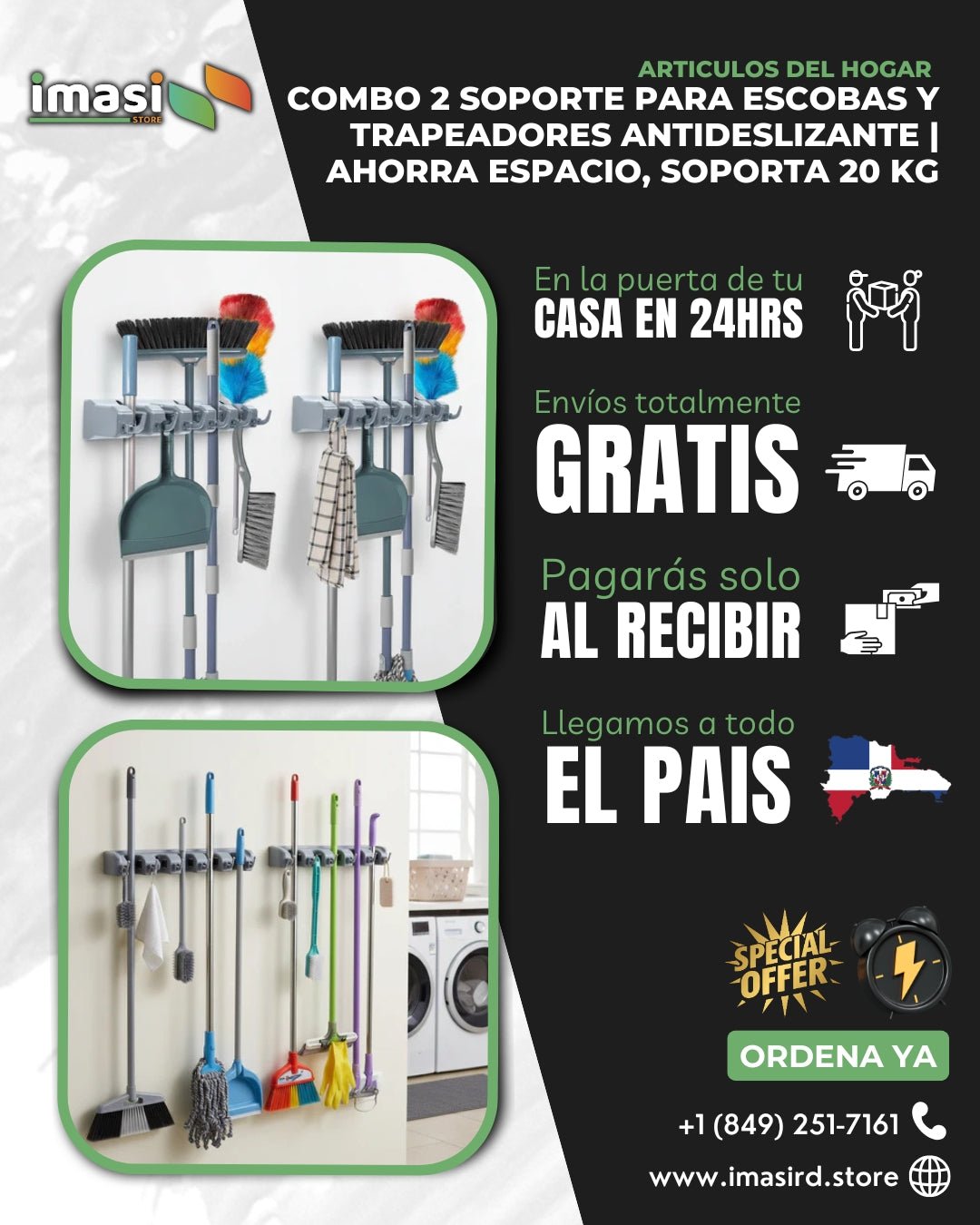 Combo 2 Soporte para Escobas y Trapeadores Antideslizante | Ahorra Espacio, Soporta 20 kg - IMASI RD STORE