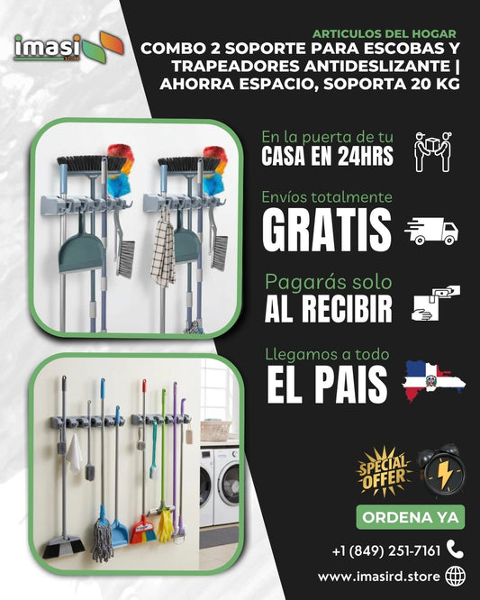 Combo 2 Soporte para Escobas y Trapeadores Antideslizante | Ahorra Espacio, Soporta 20 kg - IMASI RD STORE