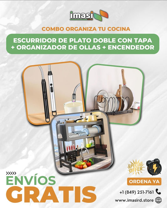 COMBO COCINA: Escurridor de platos doble con tapa + Organizador de ollas y tapas + Encendedor eléctrico recargable KitchenLife™ | “Ahorra espacio, gana higiene y enciende sin fósforos” - IMASI RD STORE