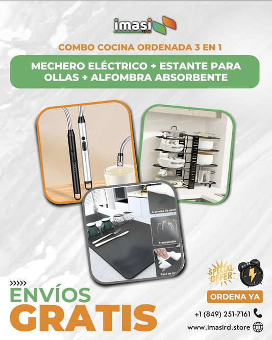 Combo Cocina Ordenada 3 en 1 | Mechero Eléctrico + Estante para Ollas + Alfombra Absorbente - IMASI RD STORE
