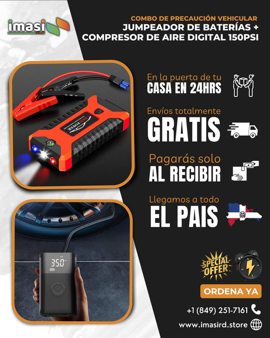 Combo de Seguridad y Emergencia para tu Auto: Compresor de Aire Digital para Llantas + Jumpeador de Batería Portátil - IMASI RD STORE