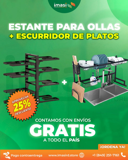 (COMBO) Estante organizador de ollas y tapas + Escurridor de platos CocinaFix™ | Espacio y Orden en un Solo Pack: Estante + Escurridor - IMASI RD STORE