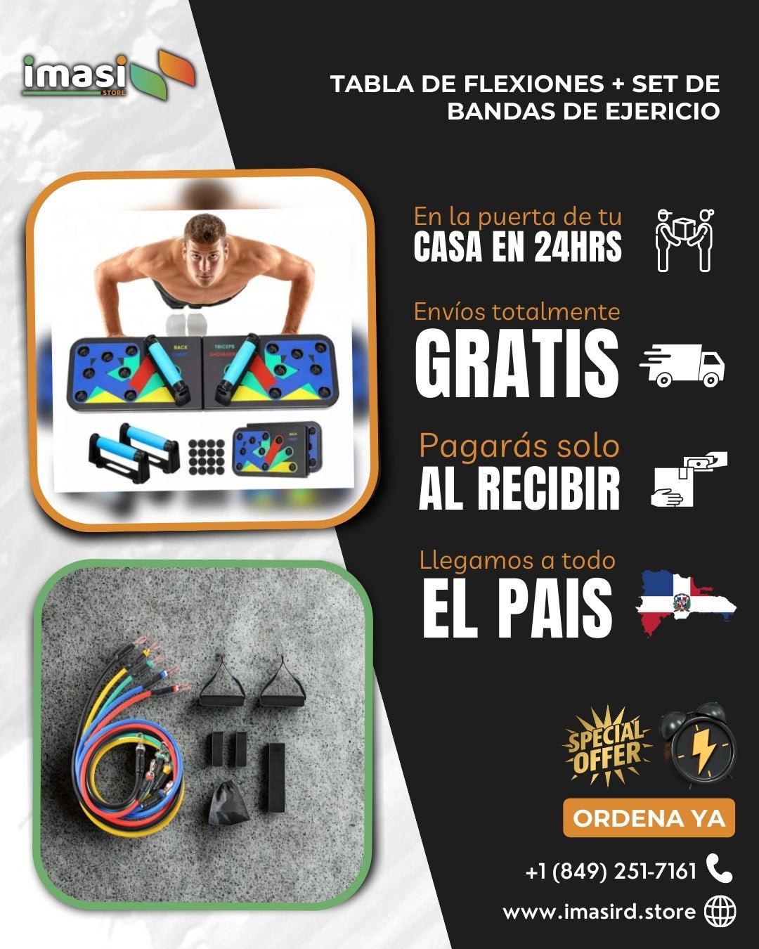 COMBO FITNESS PRO: SET DE BANDAS ELÁSTICAS + TABLA DE FLEXIONES - IMASI RD STORE