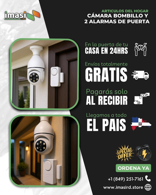Combo Seguridad 360° | Cámara Bombillo WiFi + 2 Alarmas de Puerta 🛡️📲 - IMASI RD STORE