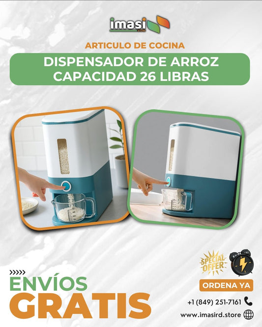 Dispensador de Arroz 26 Libras | Conserva Fresco, con Ventana Transparente y Vaso Medidor Incluido - IMASI RD STORE