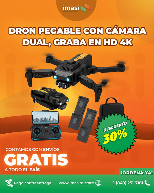Dron pegable con lente Cámara Dual Ultra HD 4K, Wifi, Estabilizador de Vuelo y transmisión en tiempo real AirVision™ | ¡Graba en 4K desde el cielo! Dron Plegable con Cámara Dual y WiFi - IMASI RD STORE