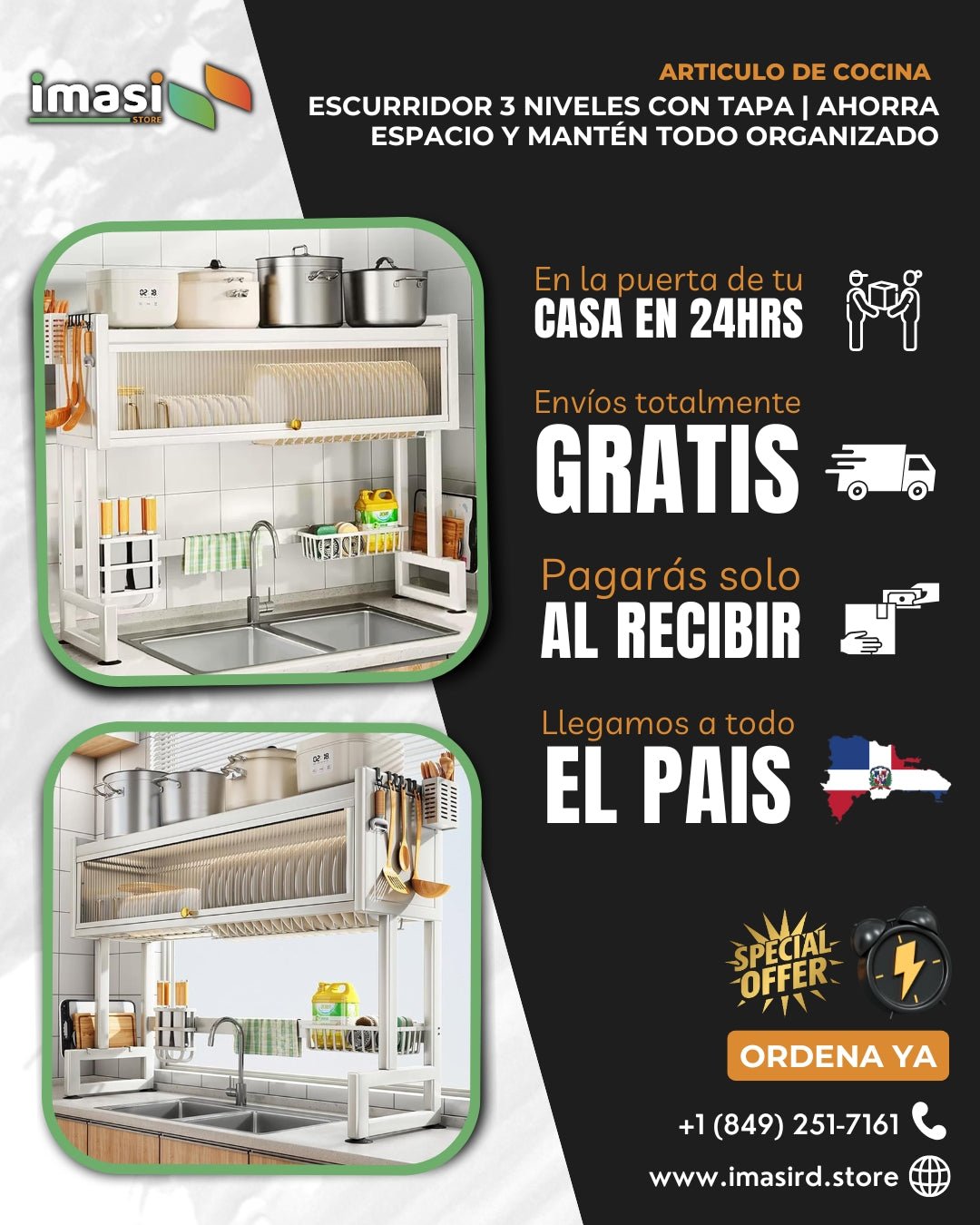 Escurridor Blanco 3 Niveles con Tapa | Ahorra Espacio y Mantén Todo Organizado - IMASI RD STORE