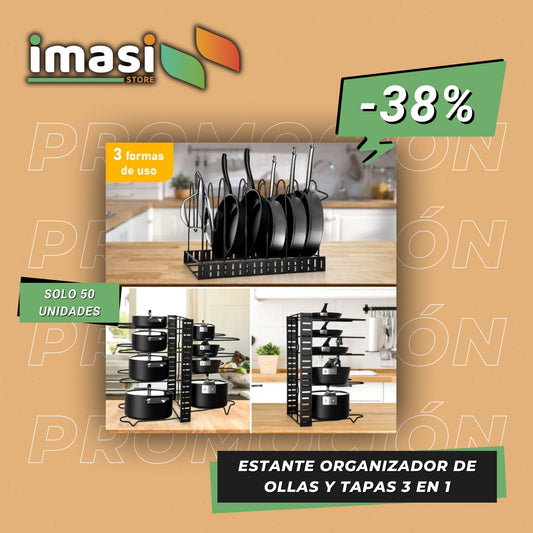 ESTANTE ORGANIZADOR DE OLLAS DE 8 NIVELES, 3 FUNCIONES EN 1 - ACERO ANTICORROSIVO - IMASI RD STORE