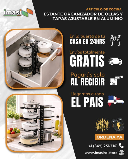 ESTANTE ORGANIZADOR DE OLLAS Y TAPAS AJUSTABLE EN ALUMINIO | Organiza tu cocina en minutos y dile adiós al desorden - IMASI RD STORE