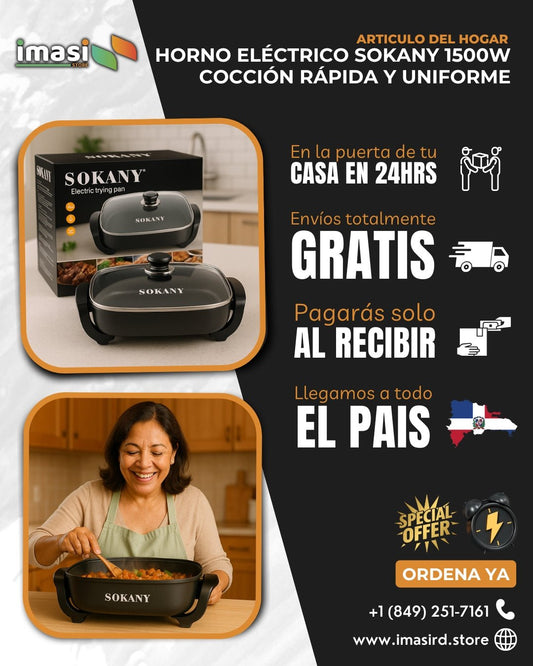Horno Eléctrico Antiadherente Sokany 1500W | Sella, Asa y Sofríe Sin Complicaciones - IMASI RD STORE