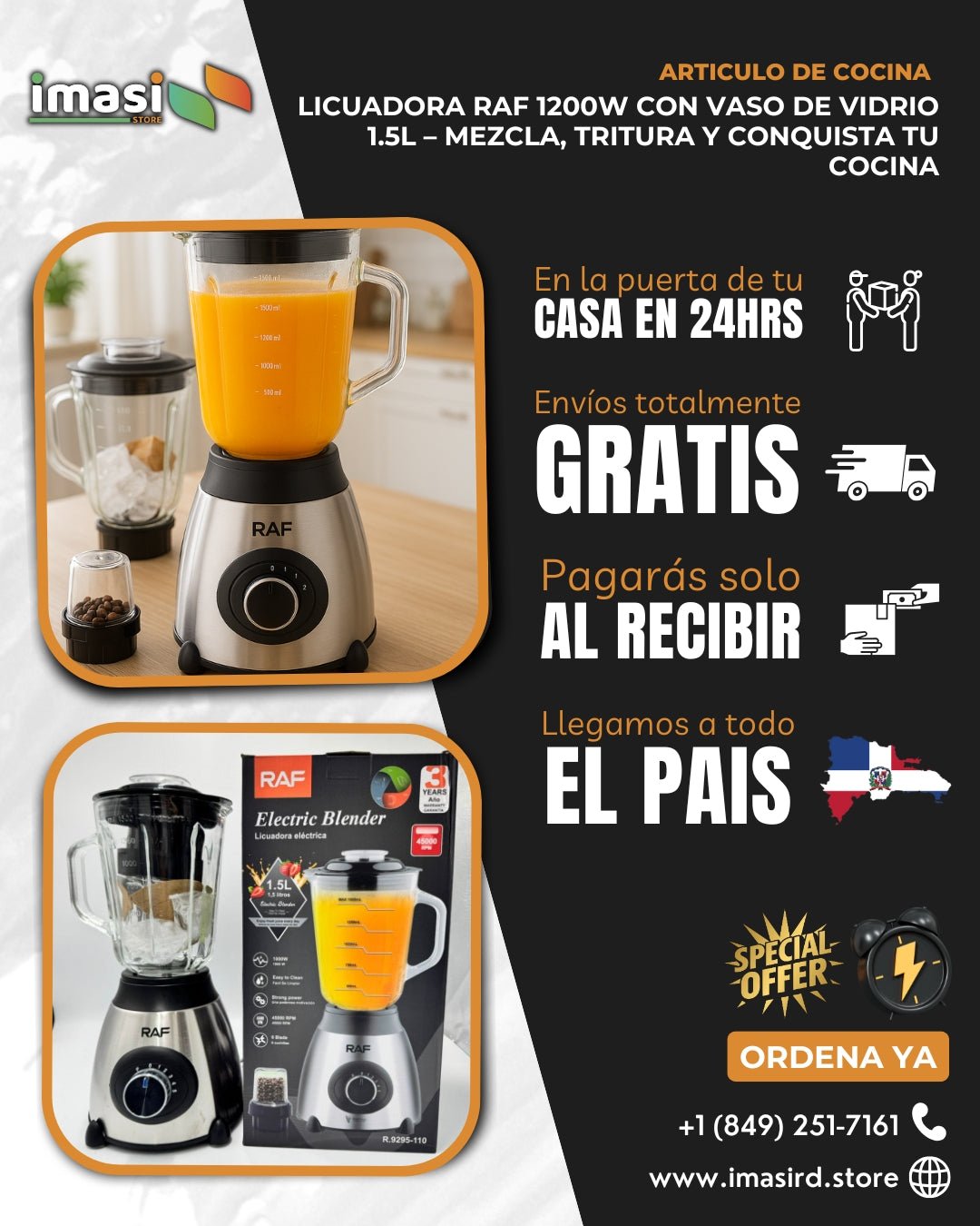 Licuadora RAF 1200W 1.5L – Vaso de Vidrio y Cuchillas de Acero: potencia real para jugos y salsas al instante - IMASI RD STORE