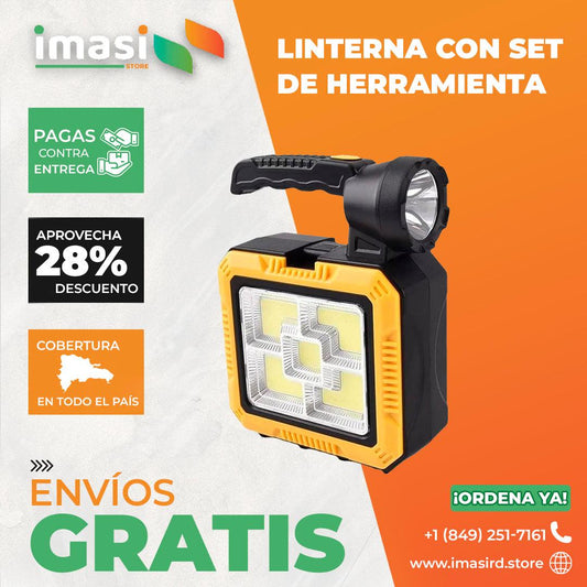 Linterna LED + COB con Panel Solar y Kit de Herramientas ToolBright™ | Iluminación y herramientas en un solo kit: ¡Sé siempre autosuficiente! - IMASI RD STORE