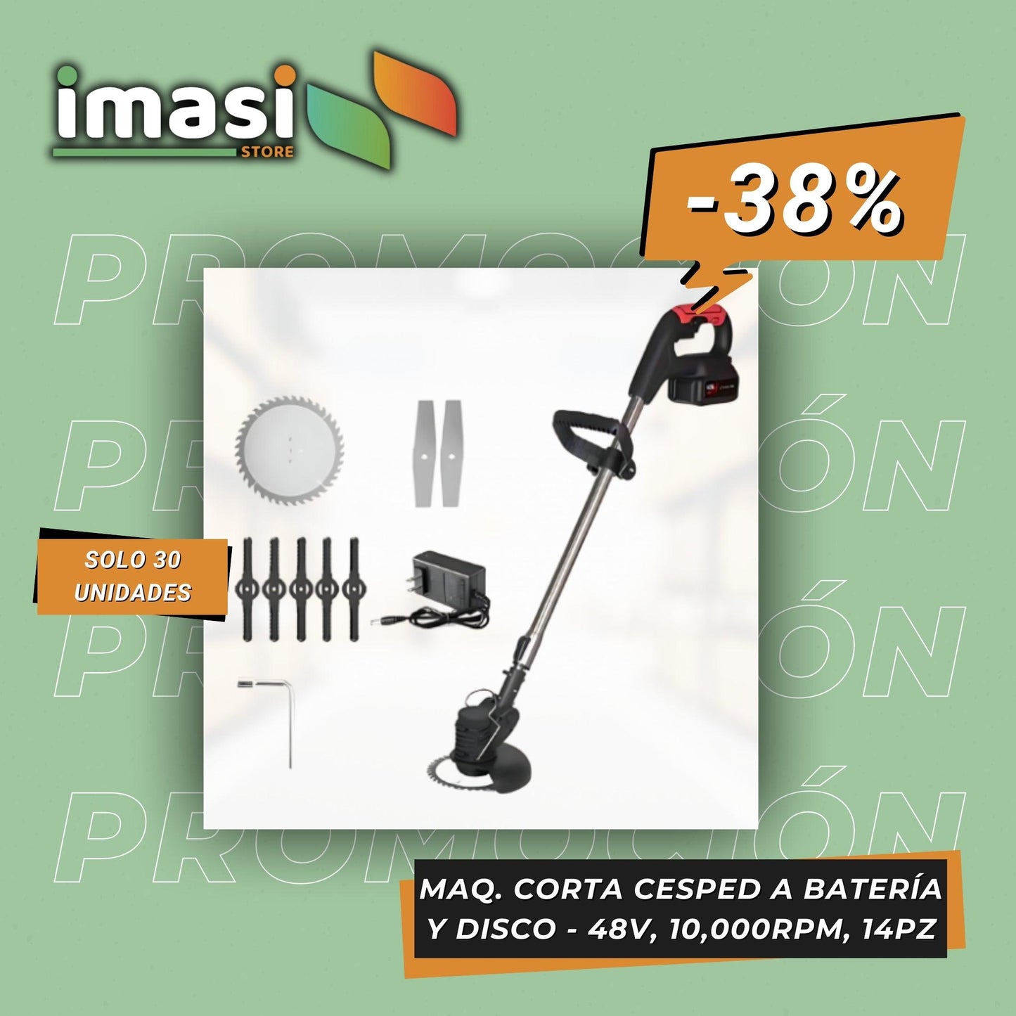MAQUINA CORTA CESPED A BATERÍA Y DISCO - INCLUYE 2 BATERÍAS 48V, 10,000RPM Y 14PZ - IMASI RD STORE